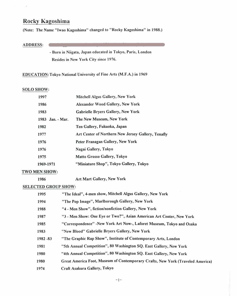 Rocky Kagoshima's Resume, pg 1